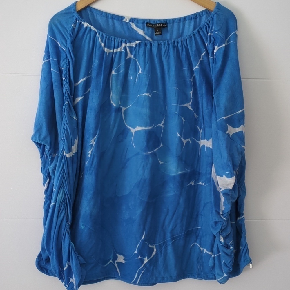 Ralph Lauren black label blue rouched sleeves waist string lightweight top